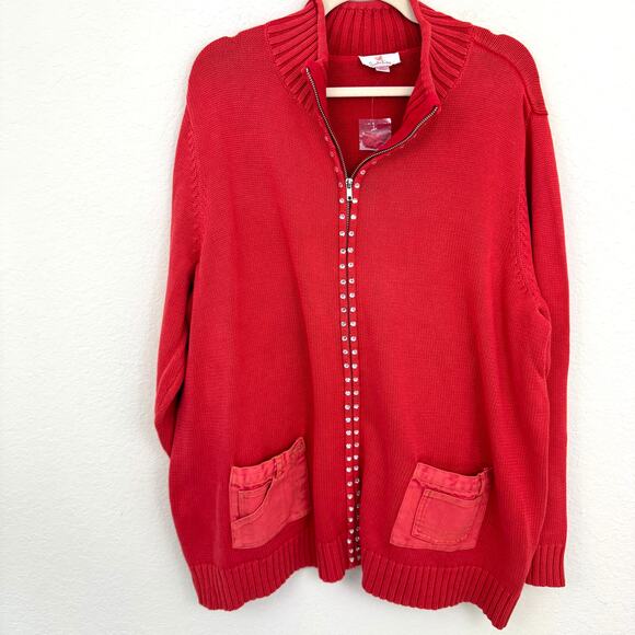 Quacker Factory Womens Zip Front Sweater Size 2X Embellished 100% Cotton Red - Picture 1 of 7